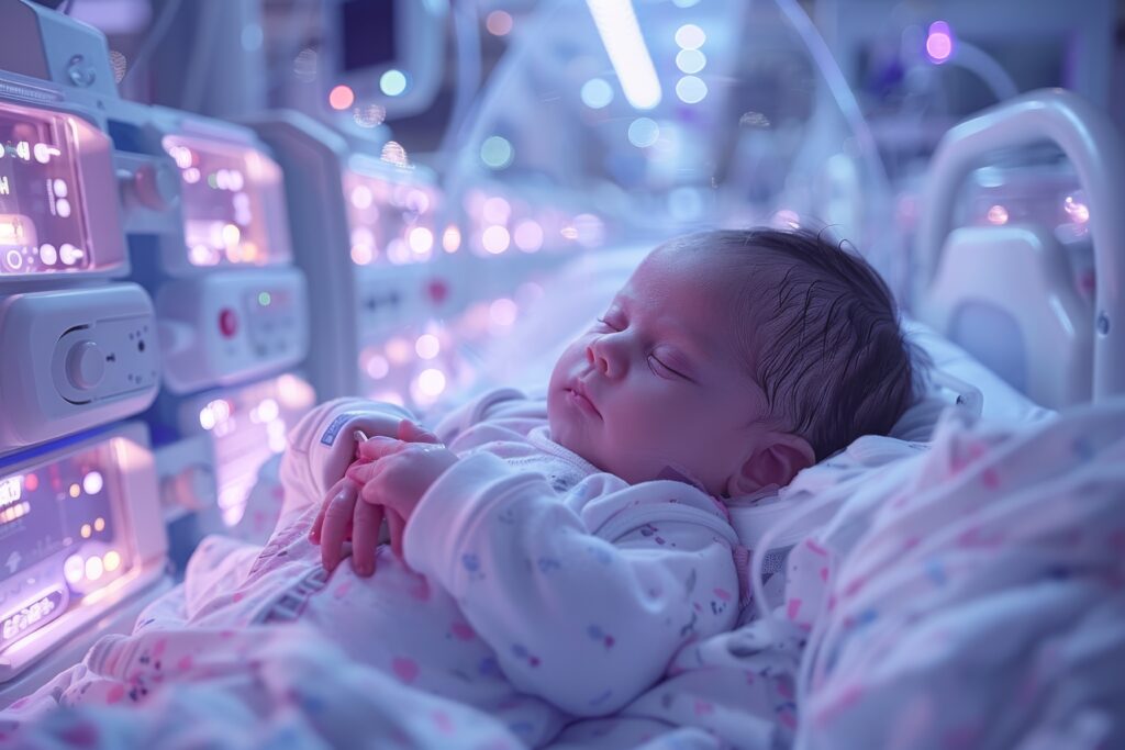 premature infant in NICU from necrotizing enterocolitis from baby formula